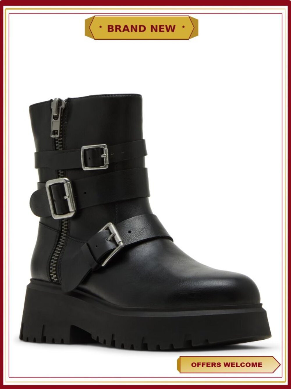 Ankle Bootie with Metal Buckle Details and Low Chunky Heel